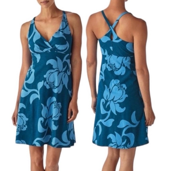 Patagonia Amber Dawn Dress S Blue Floral Organic Cotton Fit & Flare outdoors - Picture 3 of 9